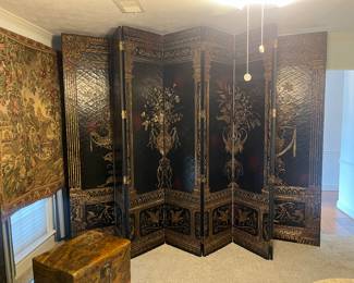 Stunning Coromandel Chinoiserie 8 panel screen , 95” h, 8 panels at 20” each, 160” open wide, Hilda Flack Interiors