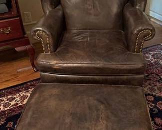 Ethan Allen Brown Leather Chair And Footstool 