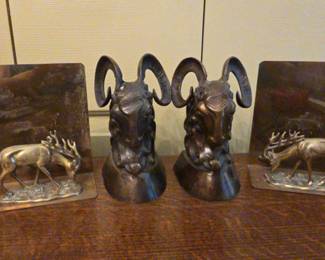 Two Sets Of Metal Bookends Rams And Deer Bucks