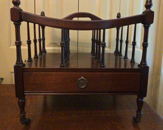 Vintage Mahogany Magazine Rack With Wheels And Drawer