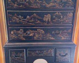  06 William And Mary Black Lacquer Upper Chest Chinese Scenery