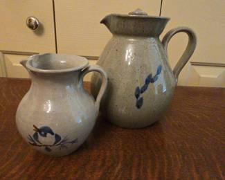 Two Jugtown Ware Gray Pottery Pitchers , One With Lid