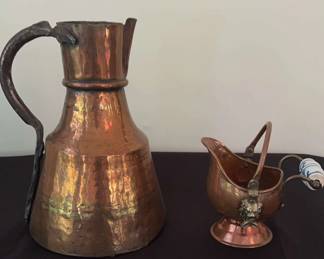 Antique Copper Pitcher and Copper Coal Ash Scuttle Bucket 