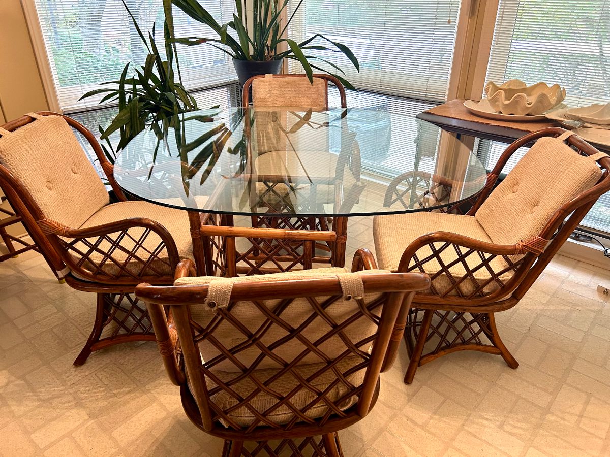 vintage rattan dining table with 4 chairs