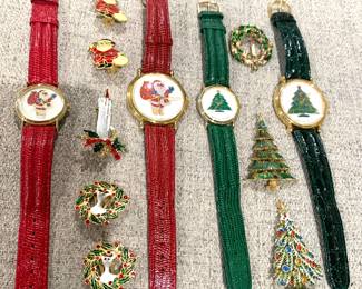 Christmas tree pins, watches, earrings