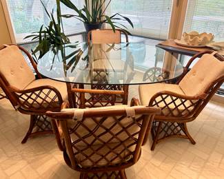 vintage rattan dining table with 4 chairs