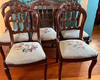 Victorian Carved  Chairs With Needlepoint Seats - set of 5