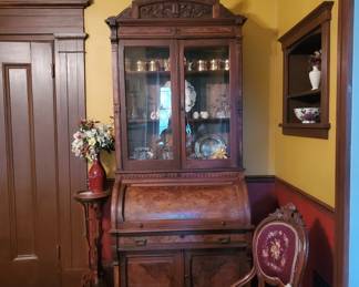 Victorian Burl Inlaid Cylinder Secretary Desk