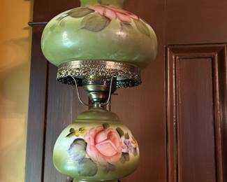 Gone with the Wind” Green Hurricane Hand Painted Rose  Parlor Lamp