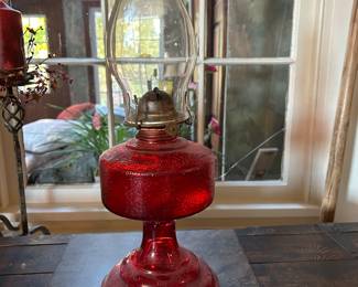 Vintage Red Flash Glass Oil Lamp with Eagle Burner & Clear Glass Chimney