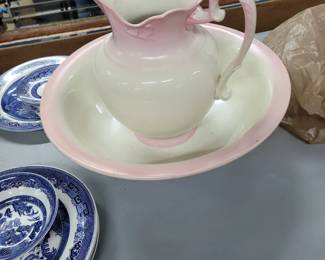 Pink and White Pitcher and bowl