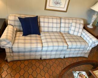 #27	Cream/Blue Sofa - fixed back (has stains)	 $75.00 
