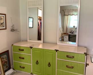 #37	Lacquer 9 drawer Dresser w/double mirrors - Plastic Front  Drawers - 74x19x29 - Mirror - 21x48	 $40.00 
