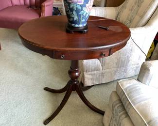 #14	Wood Oval Pedestal Table w/1 drawer (as is finish)  w/carved Legs and brass Feet- 26x18x25	 $65.00 
