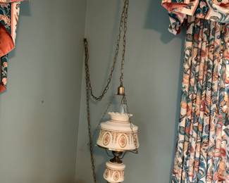 #44	MCM White w/roses Hanging Lamp w/chain - double light (base and top)	 $75.00 

