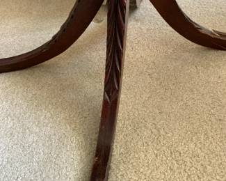 #14	Wood Oval Pedestal Table w/1 drawer (as is finish)  w/carved Legs and brass Feet- 26x18x25	 $65.00 
