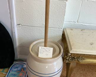 #81	Antique Marshall 4 Gallon Pottery Butter Churn - Signed Bottom  12" tall  - w/cross hatch paddle	 $75.00 
