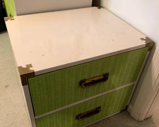 #36	Lacquer Finish Mid-Century 2 drawer End Table - Painted White w/green drawers w/brass hinges - 24x19x22	 $25.00 
