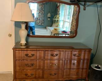 #41	Stanford Furniture Co. Solid Cherry Dresser w/9 drawers w/curved Front (as is missing two handles) w/glass protect - 60x19x31  Mirror - 47x33	 $125.00 
