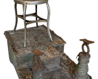 Victorian era metal and wood shoeshine stand with drawer and pull out tray, early industrial harp back chair - offered separately.
