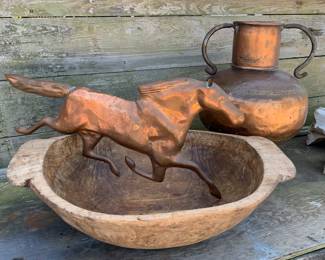 Huge wooden trencher, copper stallion and large French copper vessel