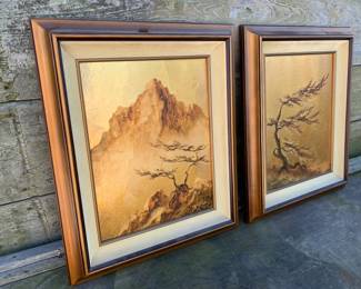 Pair Mid Century Les Parisch Gold Leaf paintings 