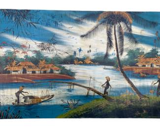 Hand painted vintage Vietnamese Oil on wood village scene painting 