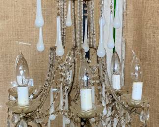 1940s Glass bead encrusted chandelier with faceted bead swags and opalescent glass drops