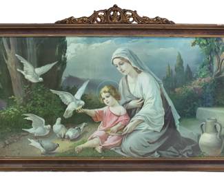 Beautiful 51” x 26” Madonna with Child Litho, under glass, gesso frame 