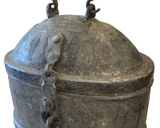 Unusual old Metal lunch pail with pierced base, hook closure, fish and cross detail 