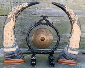 Incredible hand carved Water Buffalo horns and Chinese temple nipple gong