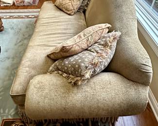 Beautiful Person Custom Made Sofa with Camelback, Rolled Arms and Fringe. French Country Look and Super Comfortable with one cushion and neutral upholstery. 