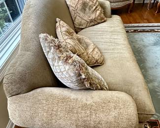 Beautiful Person Custom Made Sofa with Camelback, Rolled Arms and Fringe. French Country Look and Super Comfortable with one cushion and neutral upholstery. 