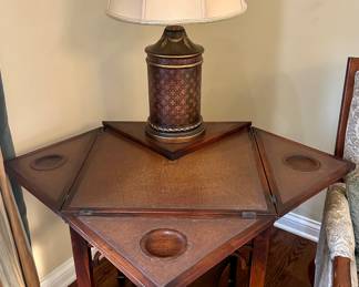 Theodore Alexander 2 Tier single drawer flip-top game Table. Very unique and special piece. 
Height - 29”
Width - All 4 sides the same at 21”
Open - 42” end to end