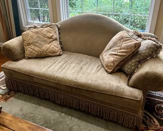 Beautiful Person Custom Made Sofa with Camelback, Rolled Arms and Fringe. French Country Look and Super Comfortable with one cushion and neutral upholstery. 