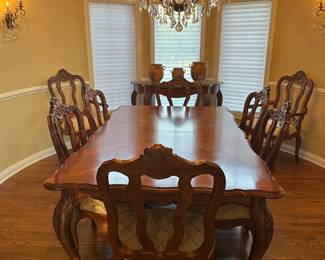 Time for an Upgrade?  Century Dining Table with Parquet Design on Top and 8 Matching Chairs with 2 Leaves and Custom Table Pads.