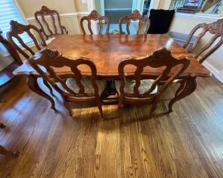 Time for an Upgrade?  Century Dining Table with Parquet Design on Top and 8 Matching Chairs with 2 Leaves and Custom Table Pads.