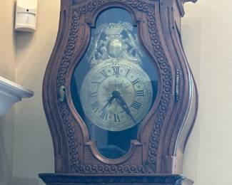 Circa 1790 Country French Grandfather Clock came from Normandy in its pristine state. This is the prize of the Estate Sale.   The clock is functional or Historical clock that everyone will admire. A true treasure for French enthusiasts.&nbsp; Height - 8' Width - 17.5" Depth - 12"