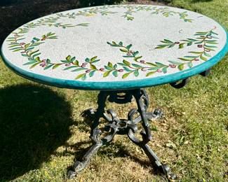 Hand Made and Hand Painted in Italy. This ceramic table is high-fired and made to be left outside year round with no impact on the finish. Harder than granite but features intricate glaze work that made Italian ceramicists famous. approx. 75 lbs. Purchased from Merchandise Mart 
Height - 28.5"  round 
Width - 38.5" Diameter &nbsp; &nbsp;