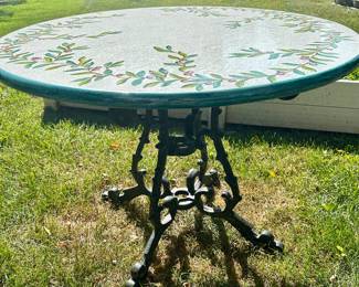 Hand Made and Hand Painted in Italy. This ceramic table is high-fired and made to be left outside year round with no impact on the finish. Harder than granite but features intricate glaze work that made Italian ceramicists famous. approx. 75 lbs. Purchased from Merchandise Mart 
Height - 28.5"  round 
Width - 38.5" Diameter &nbsp; &nbsp;