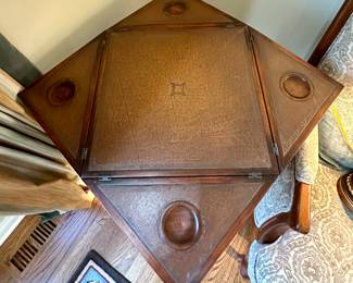 Theodore Alexander 2 Tier single drawer flip-top game Table. Very unique and special piece. 
Height - 29”
Width - All 4 sides the same at 21”
Open - 42” end to end