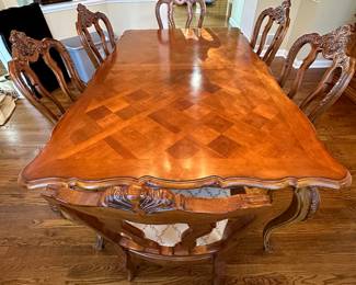 Time for an Upgrade?  Century Dining Table with Parquet Design on Top and 8 Matching Chairs with 2 Leaves and Custom Table Pads.