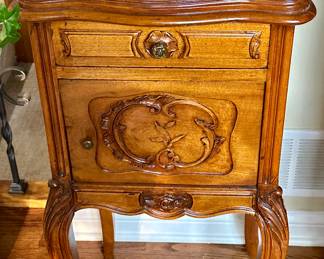 This beautiful Louis XV Style bedside table with Stone Top insert was hand picked from Antique show in Chicago.  Height - 28"  Width - 12"   Depth - 12" 