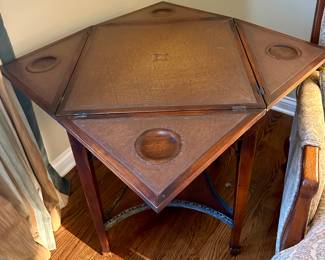 Theodore Alexander 2 Tier single drawer flip-top game Table. Very unique and special piece. 
Height - 29”
Width - All 4 sides the same at 21”
Open - 42” end to end