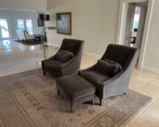 Mitchell Gold and Bob Williams gray velvet chairs and ottoman was $750 now $375.  Restoration Hardware rug was $300 now $150