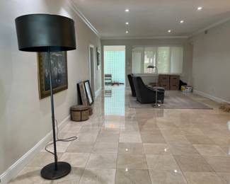 Restoration Hardware Floor Lamp It has a few speckle areas on the lamp shade.  It measures 70.5 in tall x 20in wide.  $200