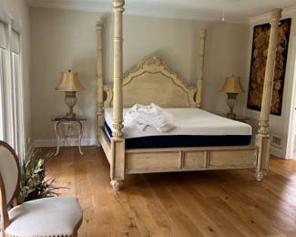 King size 4 post bed with mirror, dresser and pair of glass top night stands.  Was $1200 now $500.
Dresser is approximately 77" long by 2 feet deep by 37.5" tall - mattress was purchased approximately 8 years ago.   Nightstands 26" x 23.5" x 24.5" tall