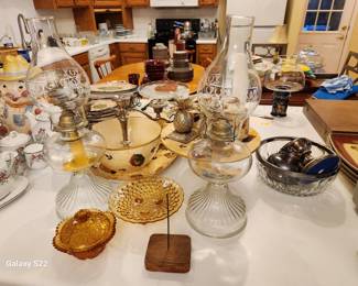 2 Kerosene Lanterns, Vintage Wood Receipt Holder, Anchor Hocking Amber Candy Bowl w/Lid, L.E. Smith Amber Hobnail Glass 3 Toed Bowl