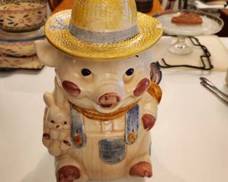 Vintage Farmer Pig Cookie Jar with Hat holding a bunny rabbit