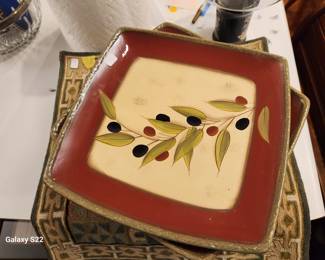 CLAY ART Hand Painted 'Antique Olive' StoneLite Square Dinner Plate